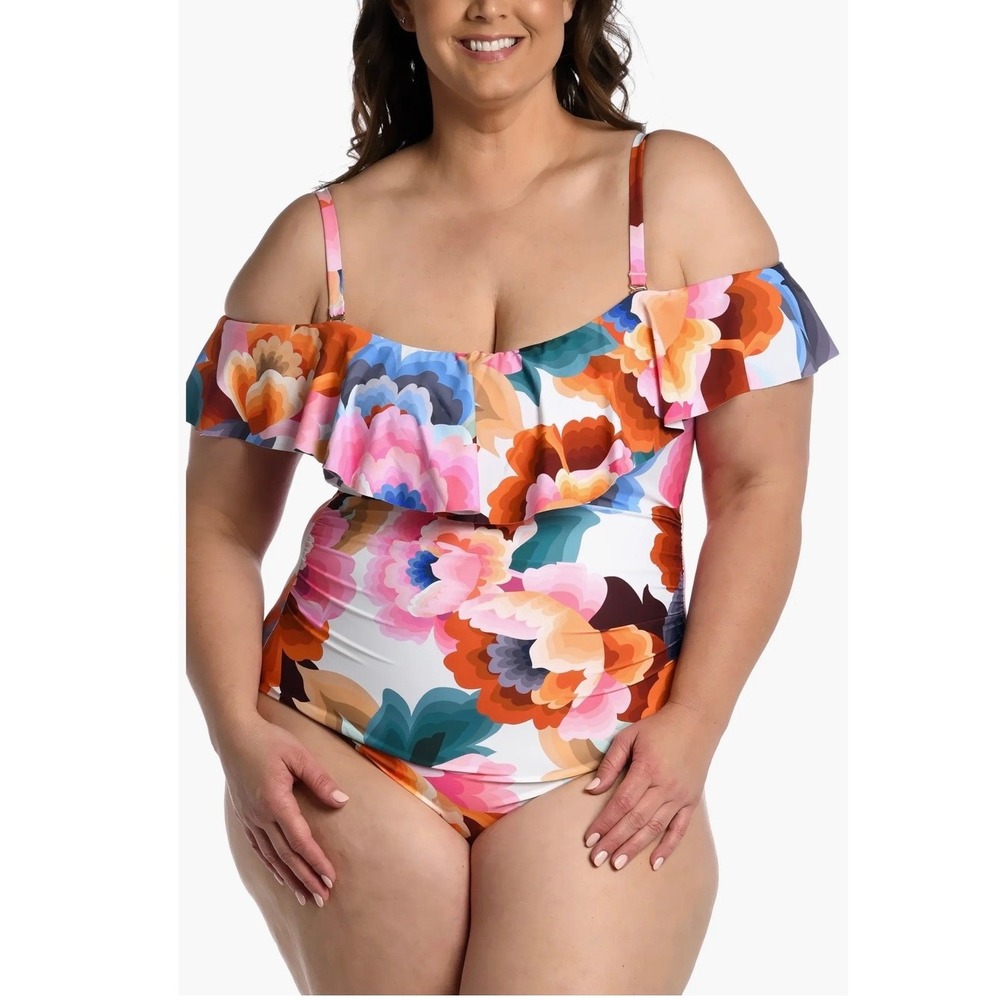 La Blanca Womens Floral Off Shoulder Ruffle One Piece Swimsuit Multi 16W NWT